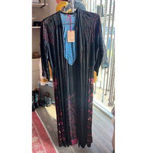 Vintage Satin Embroidered Open Front 3/4 Sleeve Long Jacket Dress Black One Size
